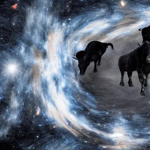 black cows milked in a bucket levitating in the galaxy, a planet, a parallel universe spitting out milk, super resolution detail