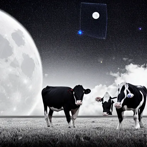 black and white cows levitating in the galaxy, moon on background, a parallel universe , super resolution detail