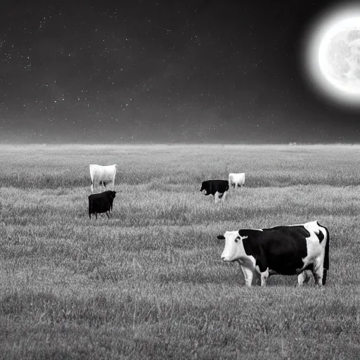 black and white cows levitating in the galaxy and drinking milk, moon on background, a parallel universe , super resolution detail