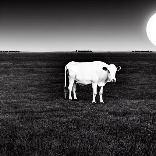 black and white cows drink milk, moon on background, a parallel universe , super resolution detail
