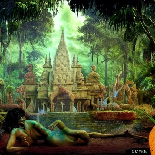 8 k concept art from a hindu temple lost in the jungle by david mattingly and samuel araya and michael whelan and dave mckean and richard corben. realistic matte painting with photorealistic hdr volumetric lighting. composition and layout inspired by gregory crewdson. , 3D, Water Color, Trippy