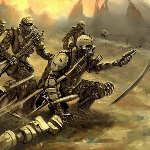 Fantasy, battlefield, sci-fi soldiers shooting skeleton