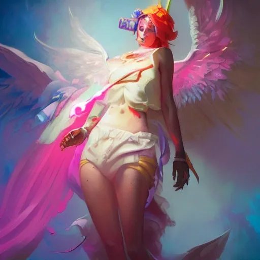 graffiti outfit, colorful, neon, angel, fantasy, dramatic lighting, highly detailed, digital painting, holding energy, magic the gathering, hyper detailed, hyper realistic detailed portrait, peter mohrbacher, wlop, ruan jia