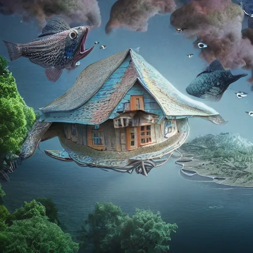 Draw, Flaying fish shaped house, details, hiperrealistic, (raw photo:1.2), ((photorealistic:1.4)), best quality , ((masterpiece)), illustration, extremely delicate and majestic, CG ,unity ,8k wallpaper, Amazing, finely detail, masterpiece, best quality, official art, CG unity 8k wallpaper,