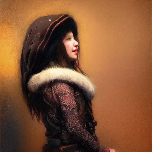 female siberian Russian concubine with slim curvy body, wearing a ushanka, at night, 1400s, painting by gaston bussiere, greg rutkowski, yoji shinkawa, yoshitaka amano, tsutomu nihei, donato giancola, tim hildebrandt, oil on canvas, {full body shot:from behind shot:looking over shoulder}, traditional russian clothing, trending on artstation, featured on pixiv, cinematic composition, extreme detail, metahuman creator, (best quality:1.4), ((masterpiece)), ((realistic)), (detailed), portrait_of_exotic_girls, seductive_smile, (((sexy))), godrays, dust in the air