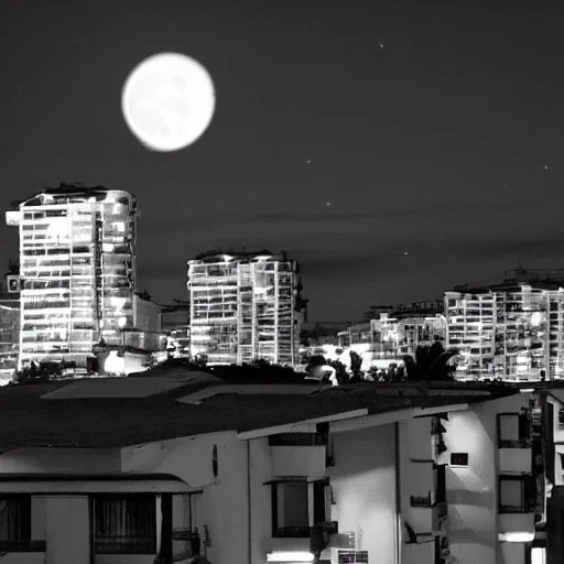 , Cartoon, estilo sin city,
 Exterior, vista de un tranquilo vecindario residencial en la noche. Una luna llena brilla en el cielo estrellado.