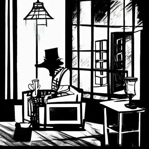 , Cartoon, blac and wite 
sin city style, Interior, living room , a middle-aged man with a scruffy look. He is sitting in a worn armchair, a steaming cup of coffee in hand. Through the window, you can see the house of your neighbors, illuminated by the dim light of their lamps.