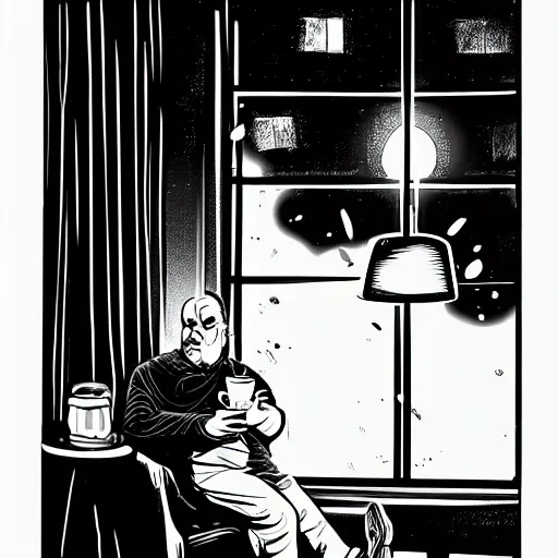 , Cartoon, blac and wite 
sin city style, Interior, living room , a middle-aged man with a scruffy look. He is sitting in a worn armchair, a steaming cup of coffee in hand. Through the window, you can see the house of your neighbors, illuminated by the dim light of their lamps.