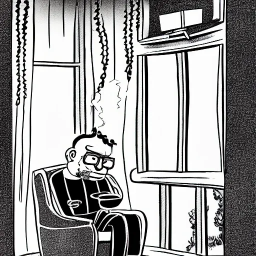 , Cartoon, blac and wite 
sin city style, Interior, living room , a middle-aged man with a scruffy look. He is sitting in a worn armchair, a steaming cup of coffee in hand. Through the window, you can see the house of your neighbors, illuminated by the dim light of their lamps.