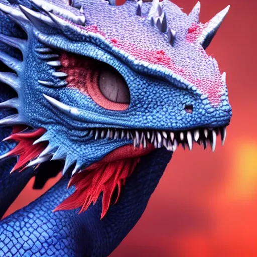 Photo, hipper realistic dragon, blue, front view, red details, r