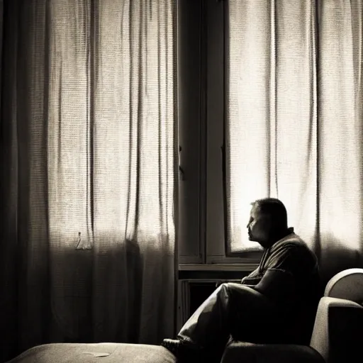 sin city style, Interior, living room , a middle-aged man with a scruffy look. He is sitting in a worn armchair, a steaming cup of coffee in hand. Through the window, you can see the house of your neighbors, illuminated by the dim light of their lamps.