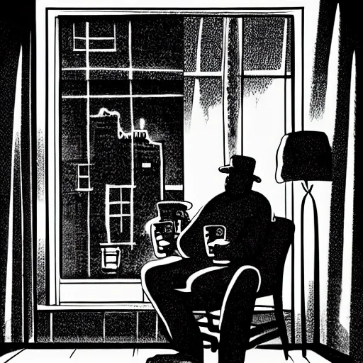 sin city style, Interior, living room , a middle-aged man with a scruffy look. He is sitting in a worn armchair, a steaming cup of coffee in hand. Through the window, you can see the house of your neighbors, illuminated by the dim light of their lamps.