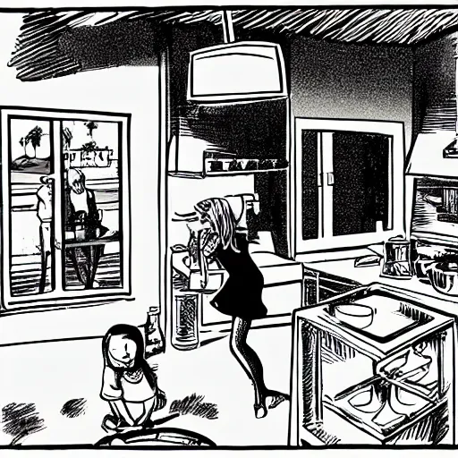 sin city style,  Cartoon,View from JAMES window. The interior of the ANDERSON home is seen, with MELISSA, the wife, preparing dinner while their children play on the floor.