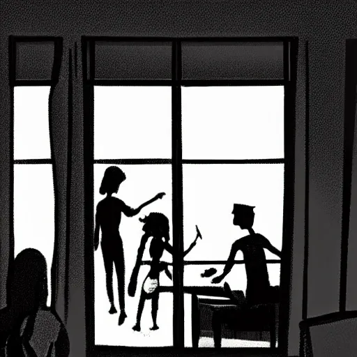 sin city style,  Cartoon,View from JAMES window. The interior of the ANDERSON home is seen, with MELISSA, the wife, preparing dinner while their children play on the floor.