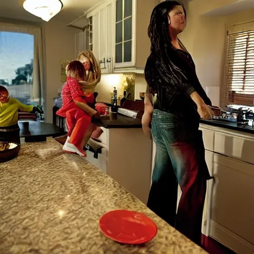 sin city style,View from JAMES window. The interior of the ANDERSON home is seen, with MELISSA, the wife, preparing dinner while their children play on the floor.