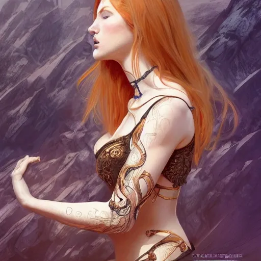 cheaky ginger, confident, bold, passionate , seductive, expressive, charismatic, very sweaty, intricate fashion clothing, insane, intricate, highly detailed, digital painting, artstation, concept art, smooth, sharp focus, illustration, Unreal Engine 5, 8K, art by artgerm and greg rutkowski and alphonse mucha