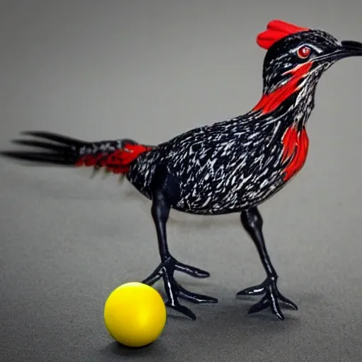 Black and red roadrunner with a yellow beak, hitting a blue and white volleyball, logo