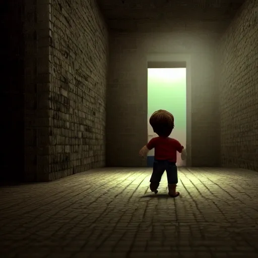 Young boy findin his way in darkness. 3 d rendering. unreal engine.