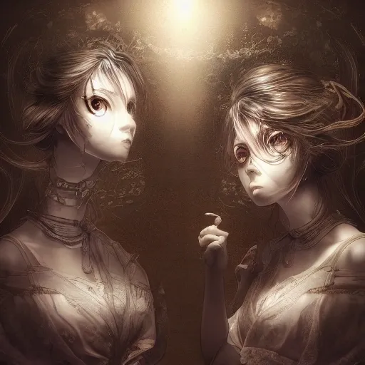 Award-winning, 4K digital painting in the style of Yoshitaka Amano. Detailed and intricate depiction of a two woman in a mirror, masterfully capturing the chaos and drama of the scene. Beautiful lighting and cinematic composition make this piece a true masterpiece, trending on artstation