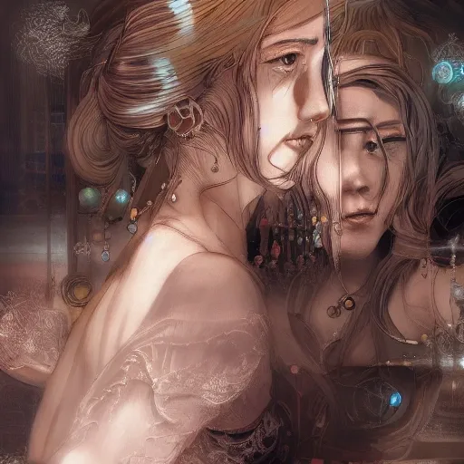 Award-winning, 4K digital painting in the style of Yoshitaka Amano. Detailed and intricate depiction of a two woman in a mirror, masterfully capturing the chaos and drama of the scene. Beautiful lighting and cinematic composition make this piece a true masterpiece, trending on artstation