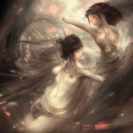 Award-winning, 4K digital painting in the style of Yoshitaka Amano. Detailed and intricate depiction of a two woman, masterfully capturing the chaos and drama of the scene. Beautiful lighting and cinematic composition make this piece a true masterpiece, trending on artstation