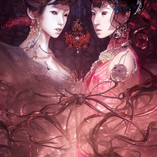 Award-winning, 4K digital painting in the style of Yoshitaka Amano. Detailed and intricate depiction of a two queens, masterfully capturing the chaos and drama of the scene. Beautiful lighting and cinematic composition make this piece a true masterpiece, trending on artstation