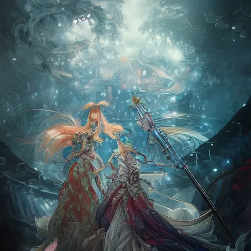 Award-winning, 4K digital painting in the style of Yoshitaka Amano. Detailed and intricate depiction of a two queens, masterfully capturing the chaos and drama of the scene. Beautiful lighting and cinematic composition make this piece a true masterpiece, trending on artstation