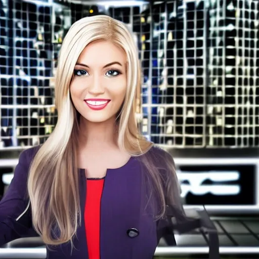 believe me a blonde virtual news anchor facing forward hyper realistic in high definition, Trippy