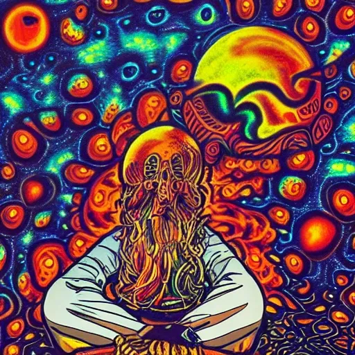 , Trippy Magician Sitting With Lsd Trip With A Moon Behind Him - Arthub.ai