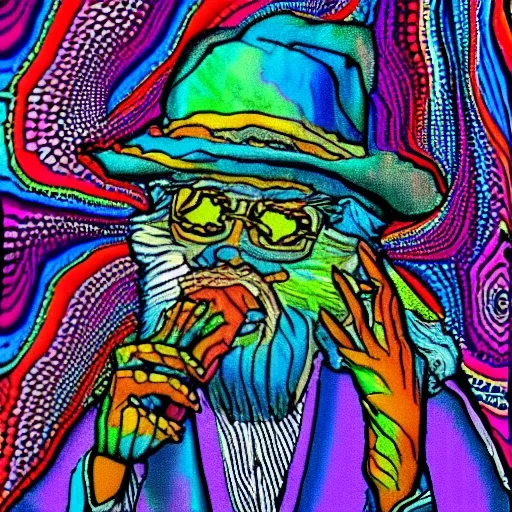 Trippy colored portrait of ancient wizard sitting down smoking