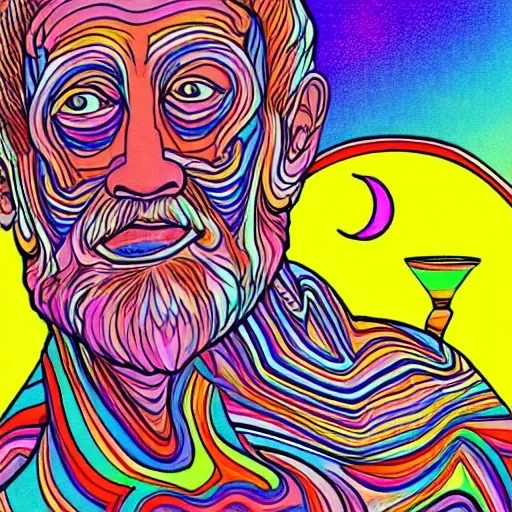 Trippy colored portrait of an ancient wizard smoking with moon behind