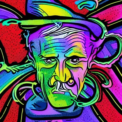 Trippy colored logo portrait of ancient wizard smoking