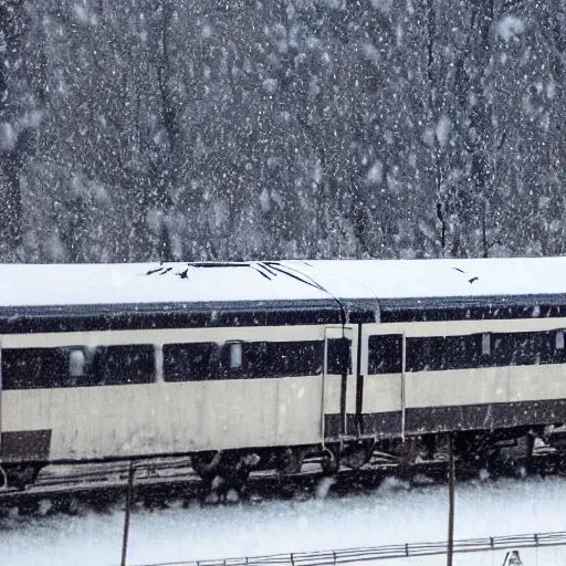 A train was driving in the snow, with several birds flying by and the train smoking