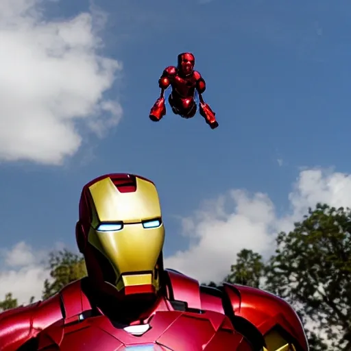 A Iron Man flies by in the sky