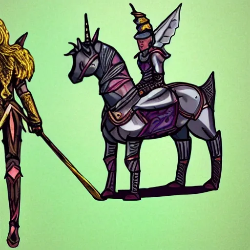 
war unicorn in full armor and an elf at her side in golden armor and showing her legs