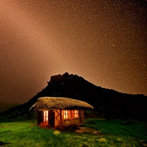 A beautiful small rustic hut above the mount with rain at night with same tree, dark sky