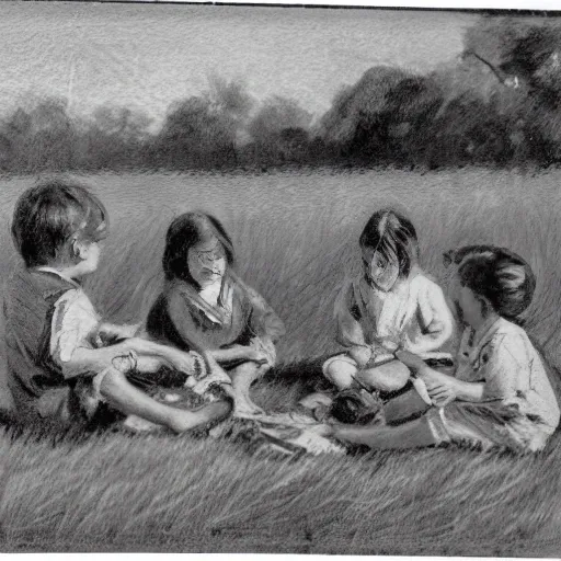 scene of a group of children having a picnic on a bright, grassy field.  white background, few details, except for the children and a few scattered picnic items., Pencil Sketch