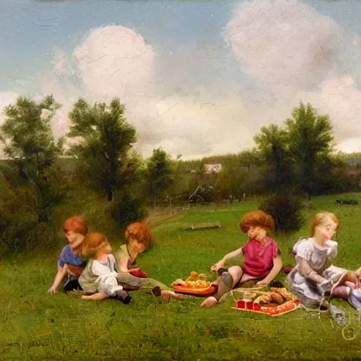 scene of a group of children having a picnic on a bright, grassy field.  white background, few details, except for the children and a few scattered picnic items., , Oil Painting