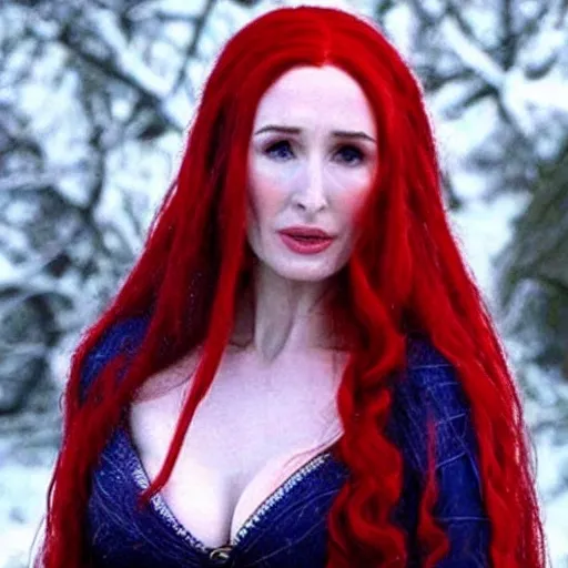 Melisandre from game of thrones, cleavage visible, navel visible, abs, witch, redhair, beautiful , reality