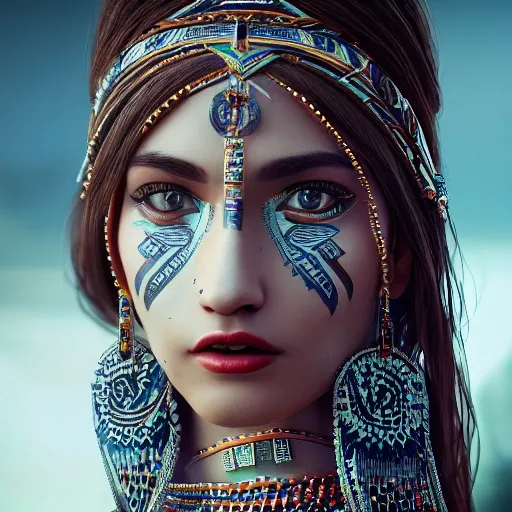 portrait of a stunningly beautiful alluring and attractive tribal female maiden, depth of field, zeiss lens, detailed, symmetrical, centered, fashion photoshoot, breathtaking, 8k resolution, extremely detailed, beautiful, establishing shot, artistic, octane render, , Water Color