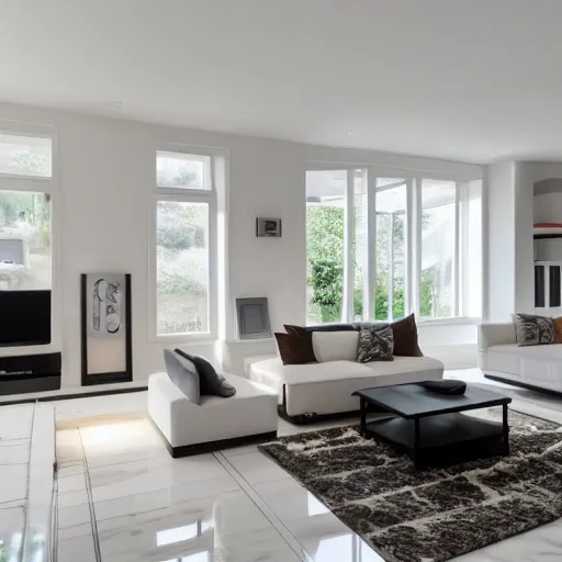 A modern living room with a beautiful white marble table between 2 white sofas ,on the left of the living room there are floor to ceiling glass window and on the right of the living room there are wooden stairs to the second floor, 8k resolution, professional interior design photograph, 3D, 