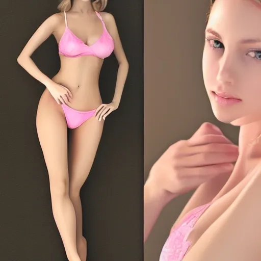 Realistic draw, 3d, 20 years old beautiful caucasian girl with perfect face and body, cosplay, delicate pink lingerie 