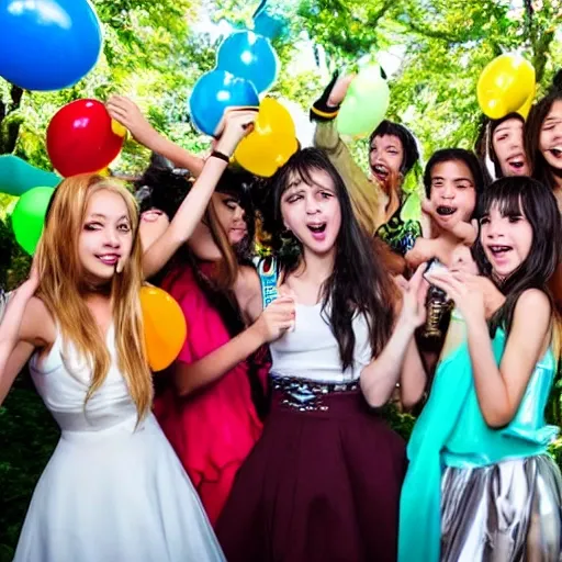 Imagine a dynamic party scene that embodies the exuberance of a spirited 16-year-old teenager. Create endearing characters with anime-style faces, featuring expressive eyes that convey a mix of enthusiasm and curiosity. Highlight their youthful charm by giving them stylish hairstyles and fashionable outfits that reflect their vibrant personalities. Add energetic poses and gestures to capture their lively nature. Surround them with elements like music, dance, and laughter to enhance the party atmosphere. Let the scene radiate the exhilaration and joy of a celebration where teenagers come together to create unforgettable memorie