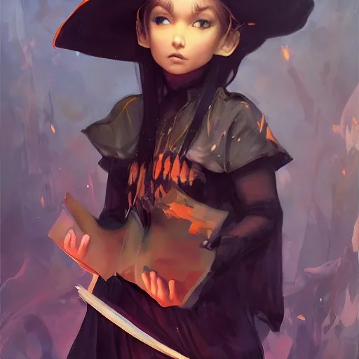 Full shot of a cute mischievous young witch about to get up to some trouble. Latin inspired fashion. Black and Orange palette. By Ruan Jia and Artgerm and Range Murata and WLOP and CLAMP. Key Art. Fantasy Illustration. award winning, Artstation, intricate details, realistic, Hyperdetailed, 8k resolution., Trippy, Oil Painting