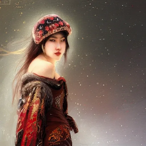 female siberian Russian concubine with slim curvy body, wearing a ushanka, at night, 1400s, painting by gaston bussiere, greg rutkowski, yoji shinkawa, yoshitaka amano, tsutomu nihei, donato giancola, tim hildebrandt, oil on canvas, {full body shot:from behind shot:looking over shoulder}, traditional russian clothing, trending on artstation, featured on pixiv, cinematic composition, extreme detail, metahuman creator, (best quality:1.4), ((masterpiece)), ((realistic)), (detailed), portrait_of_exotic_girls, seductive_smile, (((sexy))), godrays, dust in the air