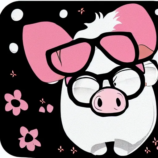 hippie pig with round glasses, Cartoon