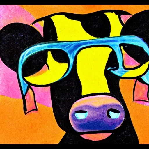 hippie cow with glasses, 70's style, Cartoon