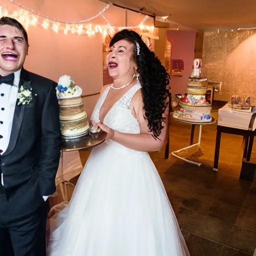 horrified newlyweds in front of wedding cake