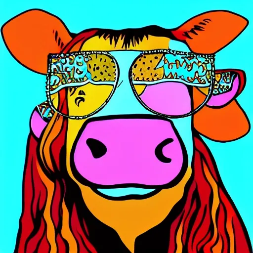 hippie cow with glasses, 70's style, Cartoon