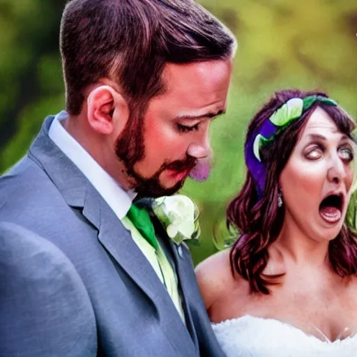 horrified newlyweds  photorealistic color
